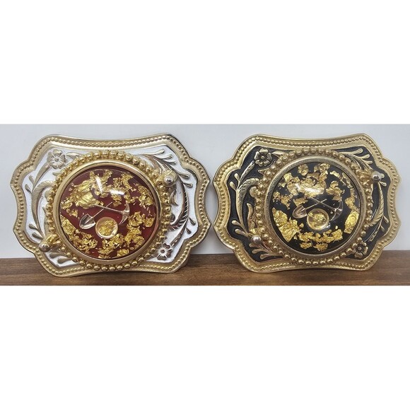 Western Floral Scroll Belt Buckle Prospector Gold Panning Flecks Vtg Lot 3"x2" - Picture 1 of 8